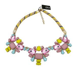 NWT Cara New York Pink Green Stone Cluster Rope Statement Bib Necklace